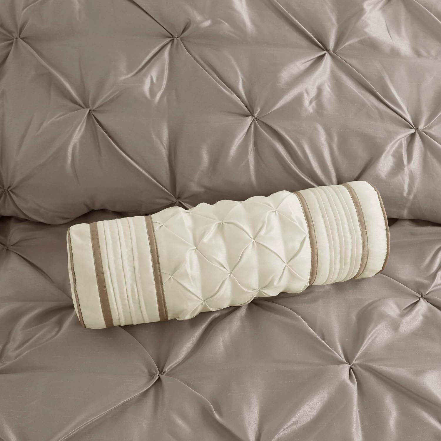 Madison Park Laurel Cozy Comforter Set - Traditional Tufted Faux Silk Design, All Season Down Alternative Bedding with Matching Shams, Decorative Pillow, Taupe Queen(90"x90") 7 Piece