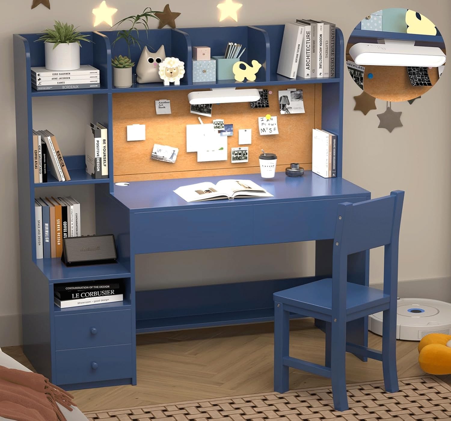 43 inch Kids Study Desk and Chair Set with Storage Hutch and LED Light, Blue Girls Desk with 4 Drawers for Child's Bedroom, Ideal for Homework for Ages 8-12