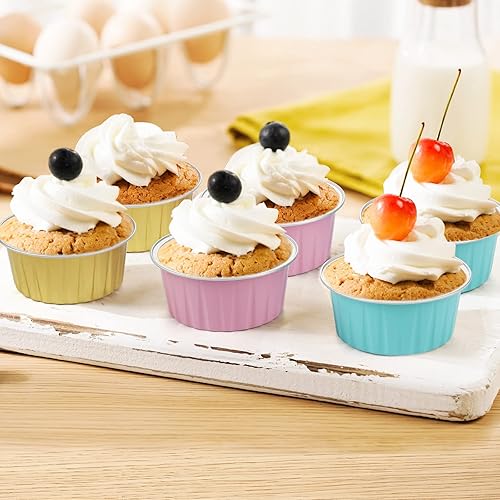 Miniatura 4 de 50 tazas de aluminio para hornear con tapas, color azul, 5 onzas (4.2 fl oz), forros para magdalenas, moldes para magdalenas, mini moldes de papel