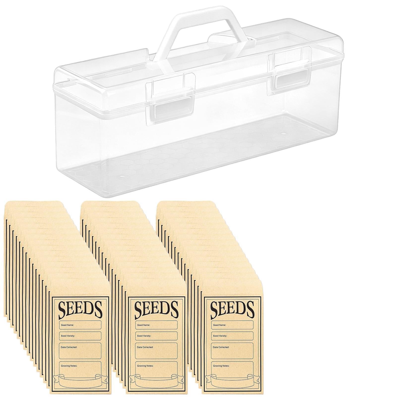 Boîte de Rangement pour graines, Plastique Transparent avec poignée, 200 enveloppes à graines et 50 Autocollants Fruits et légumes, Organiseur pour Jardin, Fleurs, Potager, Cadeau Jardinier
