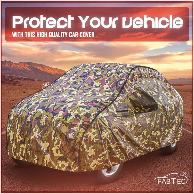 Image of FABTEC Car Body Cover for Maruti Celerio Jungle Print with Soft Cotton Lining Waterproof Car Cover UV & Rain Protection with Mirror Pocket Bottom Elastic (Military /Camouflage Pattern)