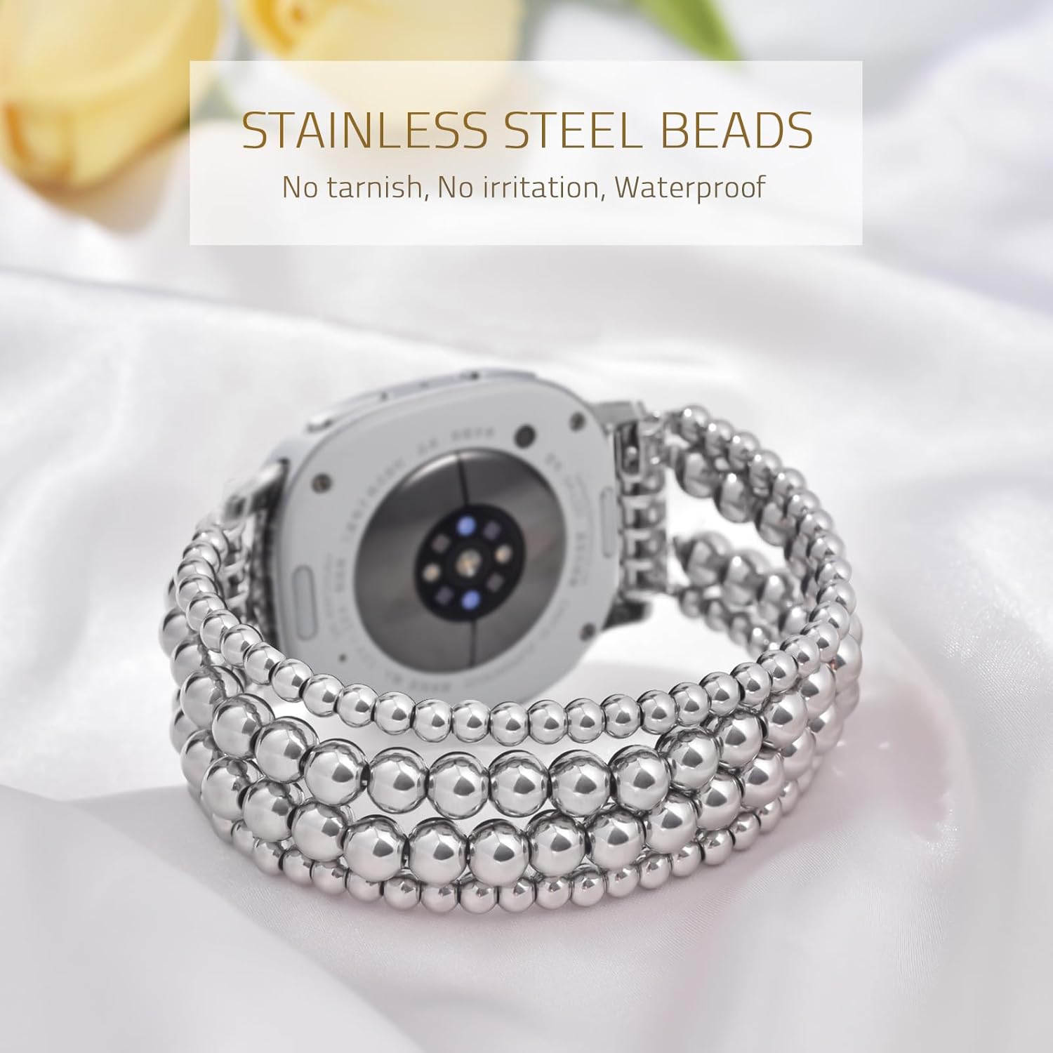 Dressy Beaded Bracelet Compatible with Samsung Galaxy Watch 8 Band 40mm 44mm/8 Classic 46 mm Women, Fashion Cute Strechy Stainless Steel Beads Strap for Galaxy Watch 8 - Image 2