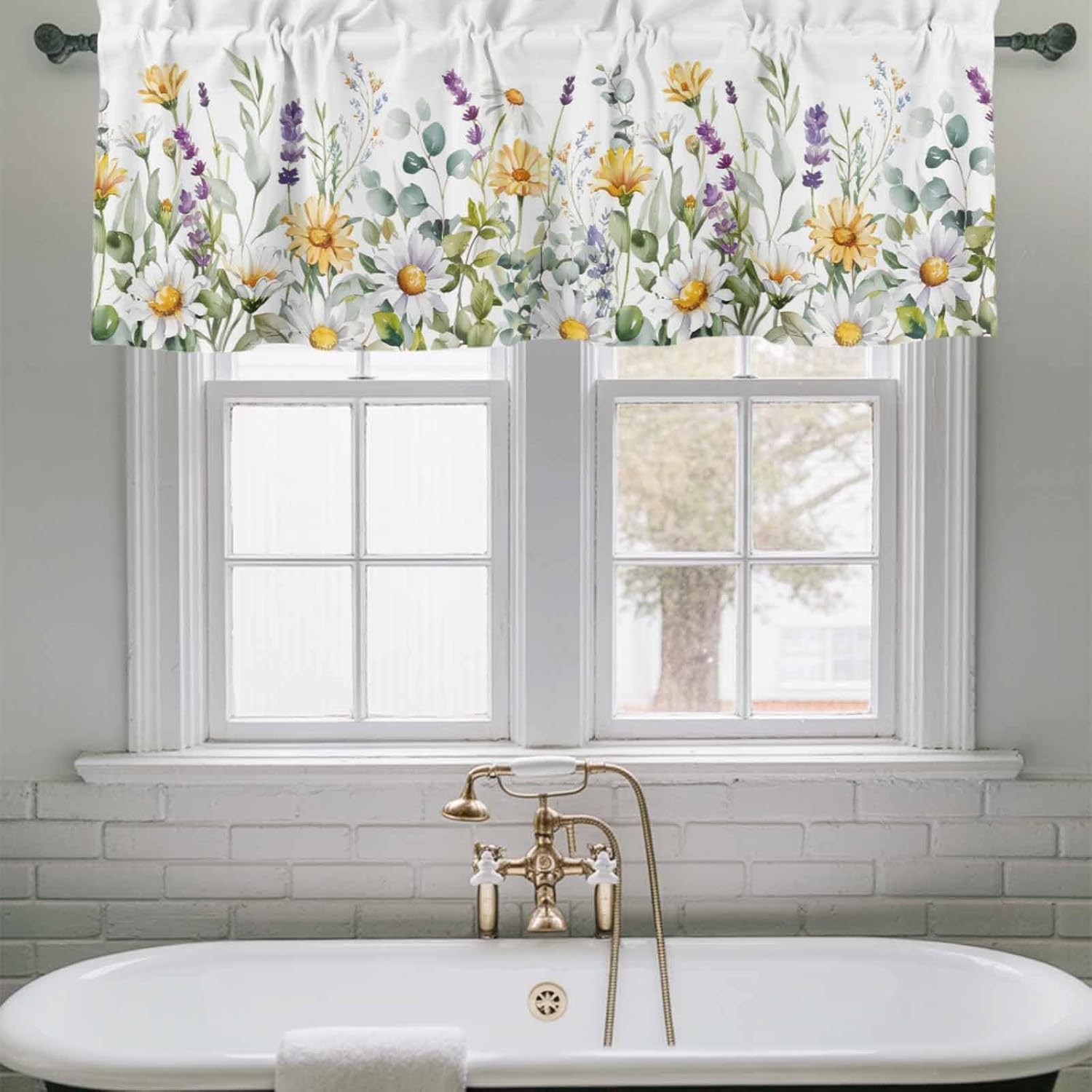 YOKOU Kitchen Curtain Valance, Lavender Daisy Flower Eucalyptus Leaves Watercolor Floral Spring Short Rod Pocket Window Curtain for Bedroom, Bathroom, 54" W x 18" L, 2 Panel