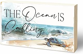 Watercolor Beach Turtle Wooden Block Sign - The Ocean Is Calling - 5"X3" Pine Wood Plaque, Home & Office Desk Decor, Room Tabletop Ornament, Shelf Supplies, Decorative Housewarming Gift - A11