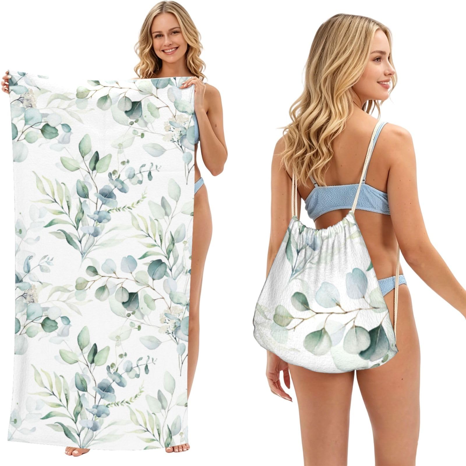 Poadnly As Picture Art Watercolor Leaf, 2 In 1 Packable Towel Bag, Beach Towels With Drawstring Backpack For Travel Holiday Camping