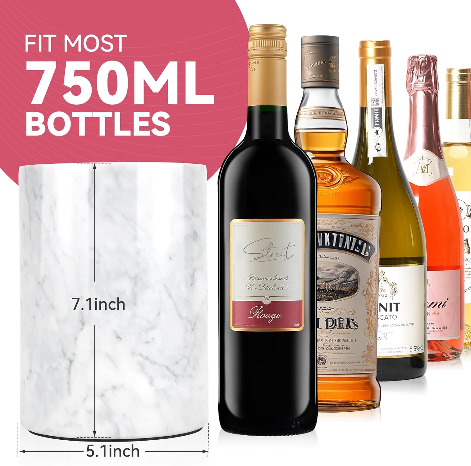 Marble Wine Chiller for Bottle,Wine Chiller Bucket,Wine Cooler Bucket for Any 750ml Bottle Champagne Chiller for Parties,Wine Bottle Chiller,Wine Bottle Cooler,Wine Gifts for Women Man (White) - Image 2