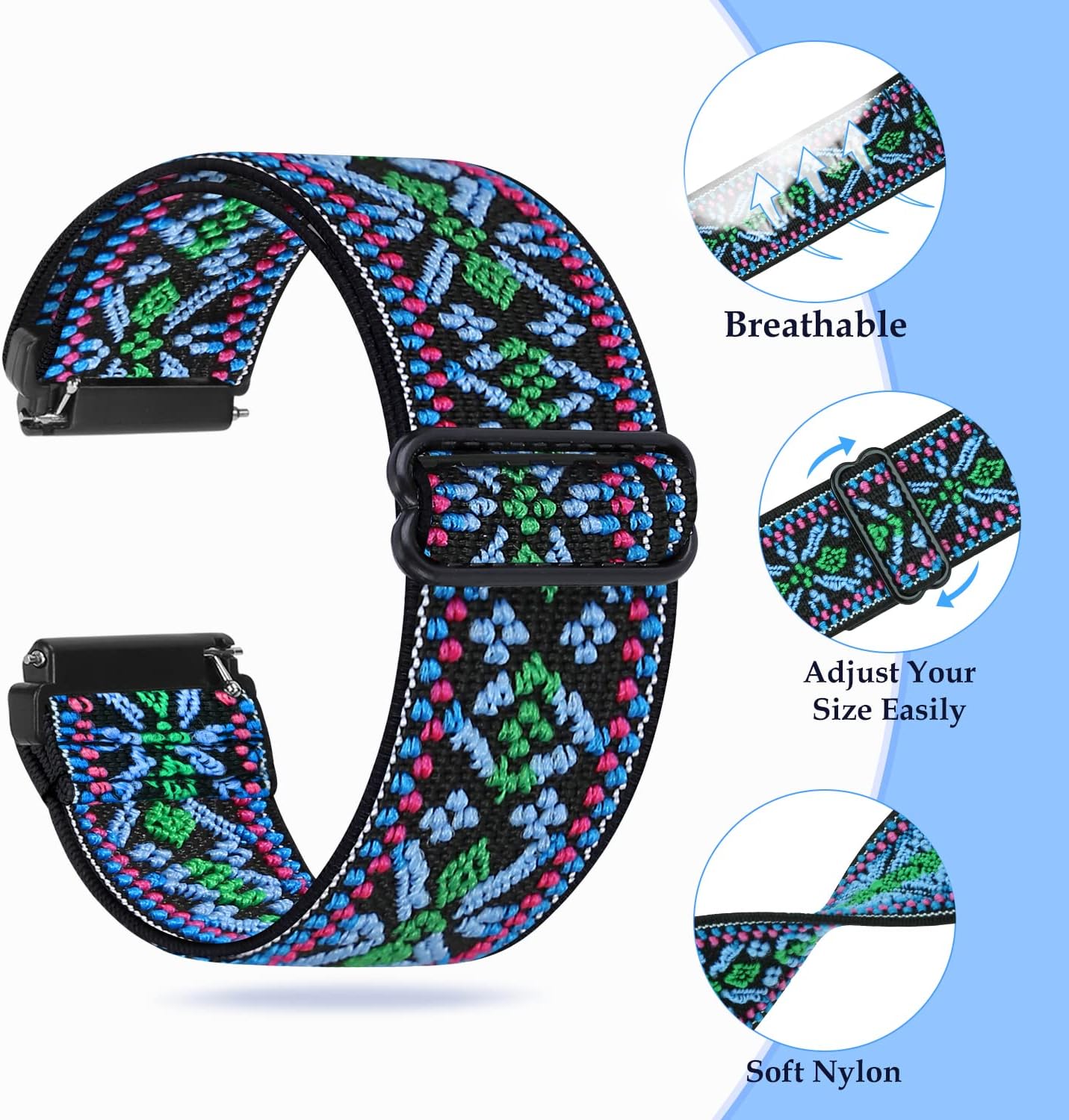 Runostrich Adjustable Elastic Watch Straps Compatible with Fitbit Versa/Fitbit Versa 2 Nylon Sport Loop Stretch Wristband Replacement Band for Women Men (Boho Blue) - Image 3