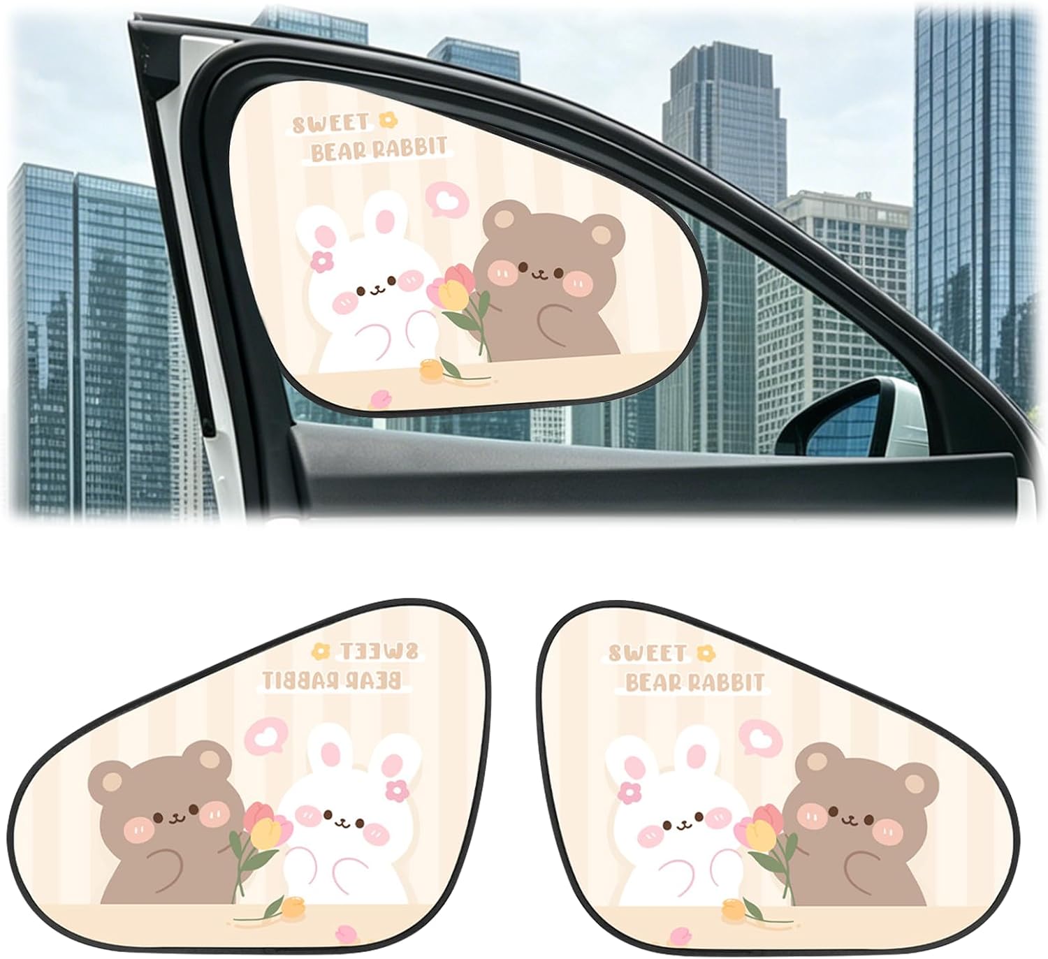 Wuyaoyao 2PCS Car Window Shades, Cute Cartoon Bear & Rabbit Car Rear Side Window Sun Shade for Your Child, Foldable, 17.32" x 14.17" Static Cling Vehicle Sunshade for Heat Glare UV Protection (Rear)