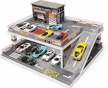Display Case for Hot Wheels Toy Car Garage Diorama with LED Lights, Freestanding Two-Level Coffee Shop Parking Garage Scene for 1/64 Diecast Cars, Storage Display Stand Holds Up to 40+ Cars