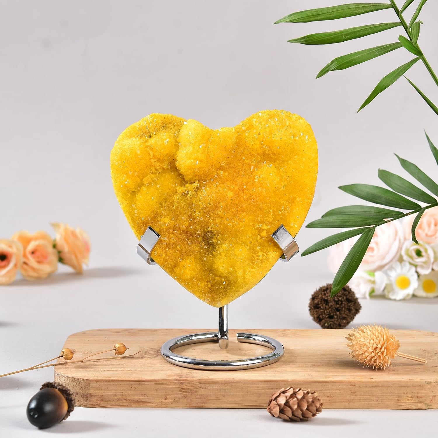 JIC Gem Heart Crystal Cluster Yellow Titanium Coated Mineral Geode Heart Shaped Healing Crystals Druzy and Rock Stones Decor Reiki Energy Gemstones 3.54-3.93 inch