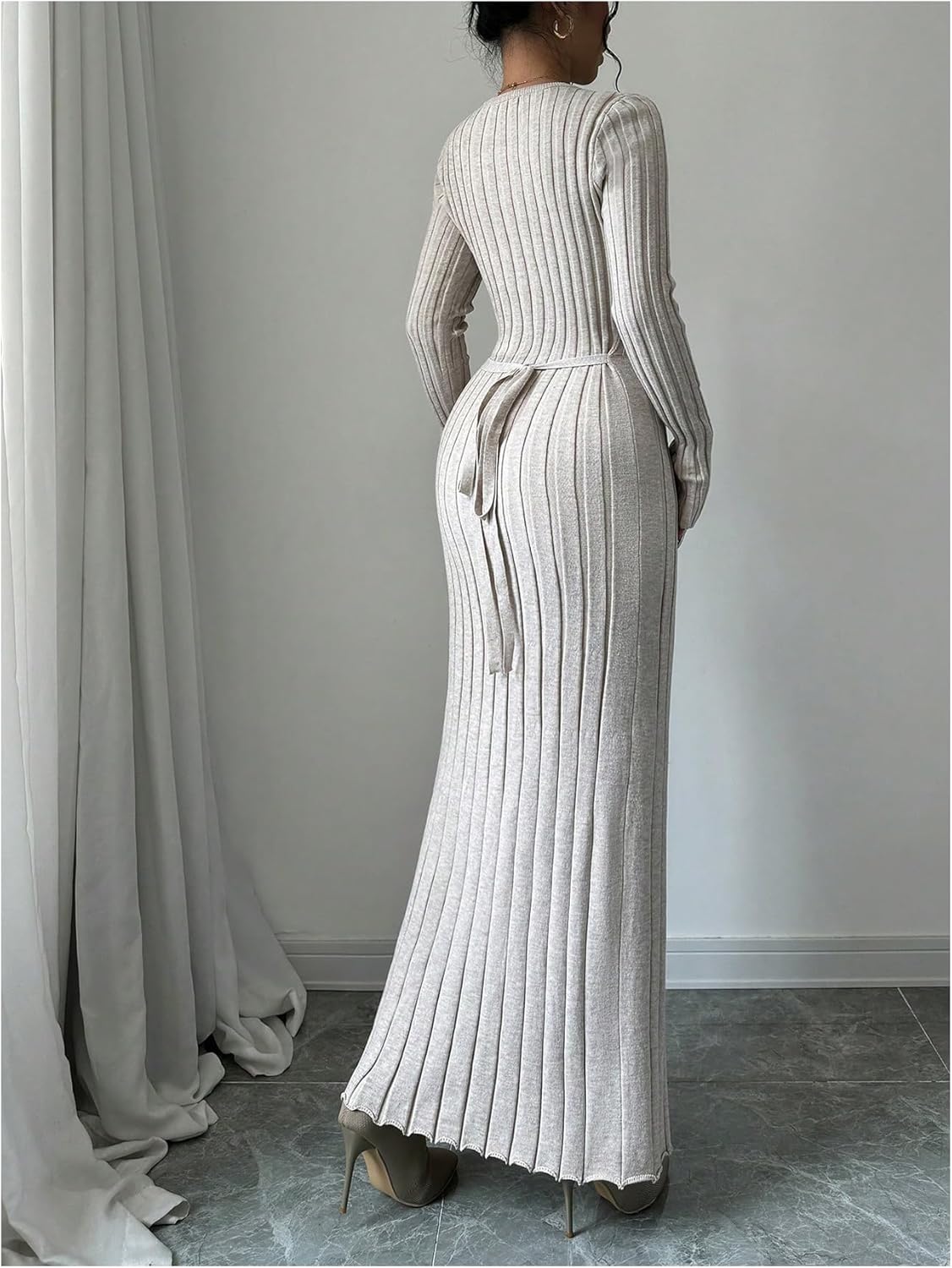 MakeMeChic Women's Sweater Dress Long Sleeve Tie Back Rib Knit Going Out Maxi Dress - Image 2