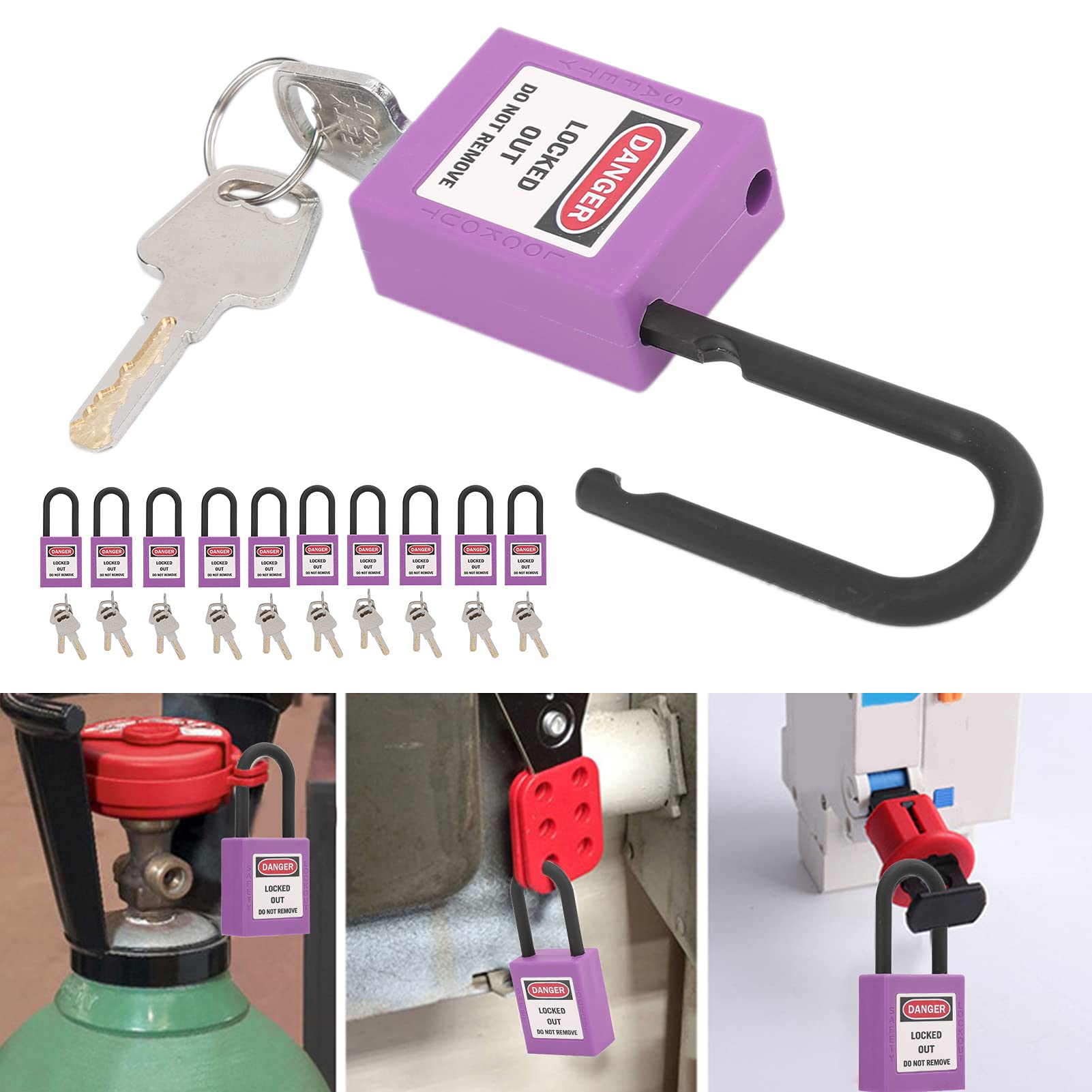 Juego de cerraduras de bloqueo y etiquetado, 10 juegos de candado de seguridad, bloqueo de candado de 38 mm con 10 llaves, bloqueo y etiquetado para estaciones y dispositivos de (Purple)