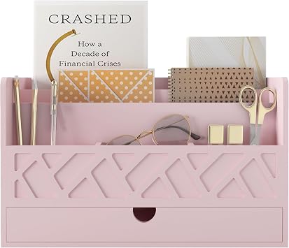 Wisuce Bamboo Mail Organizer Countertop Desktop with Drawer - All-in-One Desk File Organizer with Pencil Holder Pink