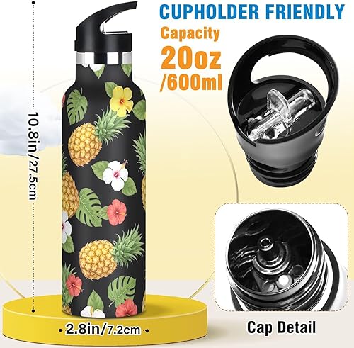 Miniatura 2 de Kids Water Bottle Leakproof Insulated Water Bottle with Straw 20oz, BPA-Free, Yellow Pineapples Colorful Hibiscus