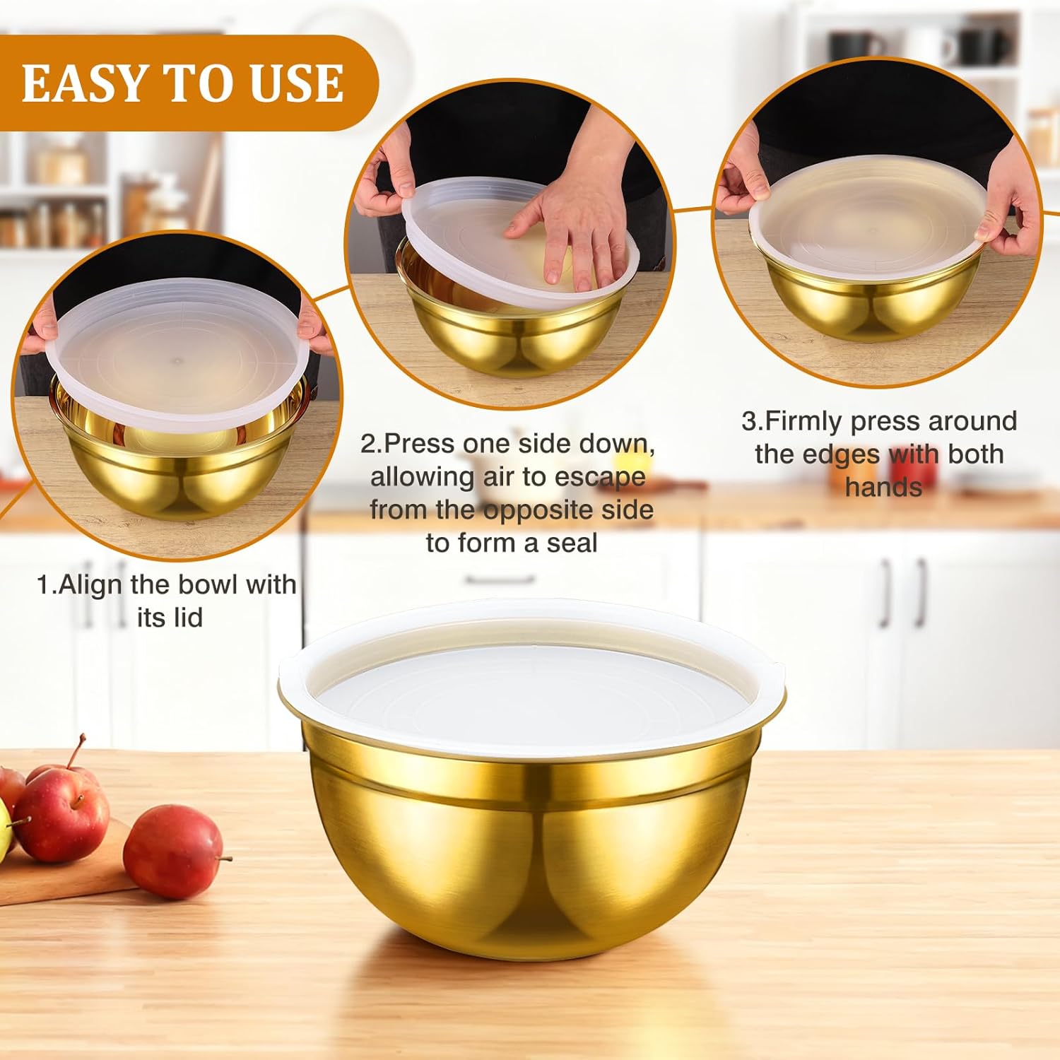 8 Pcs Gold Mixing Bowls with Airtight Lids Set Stainless Steel Mixing Bowls with Colander Gold Nested Bowl for Baking Prepping and Serving Food (0.6, 0.9, 1.3, 1.5, 2.0, 2.5, 3.0 QT) - Image 4