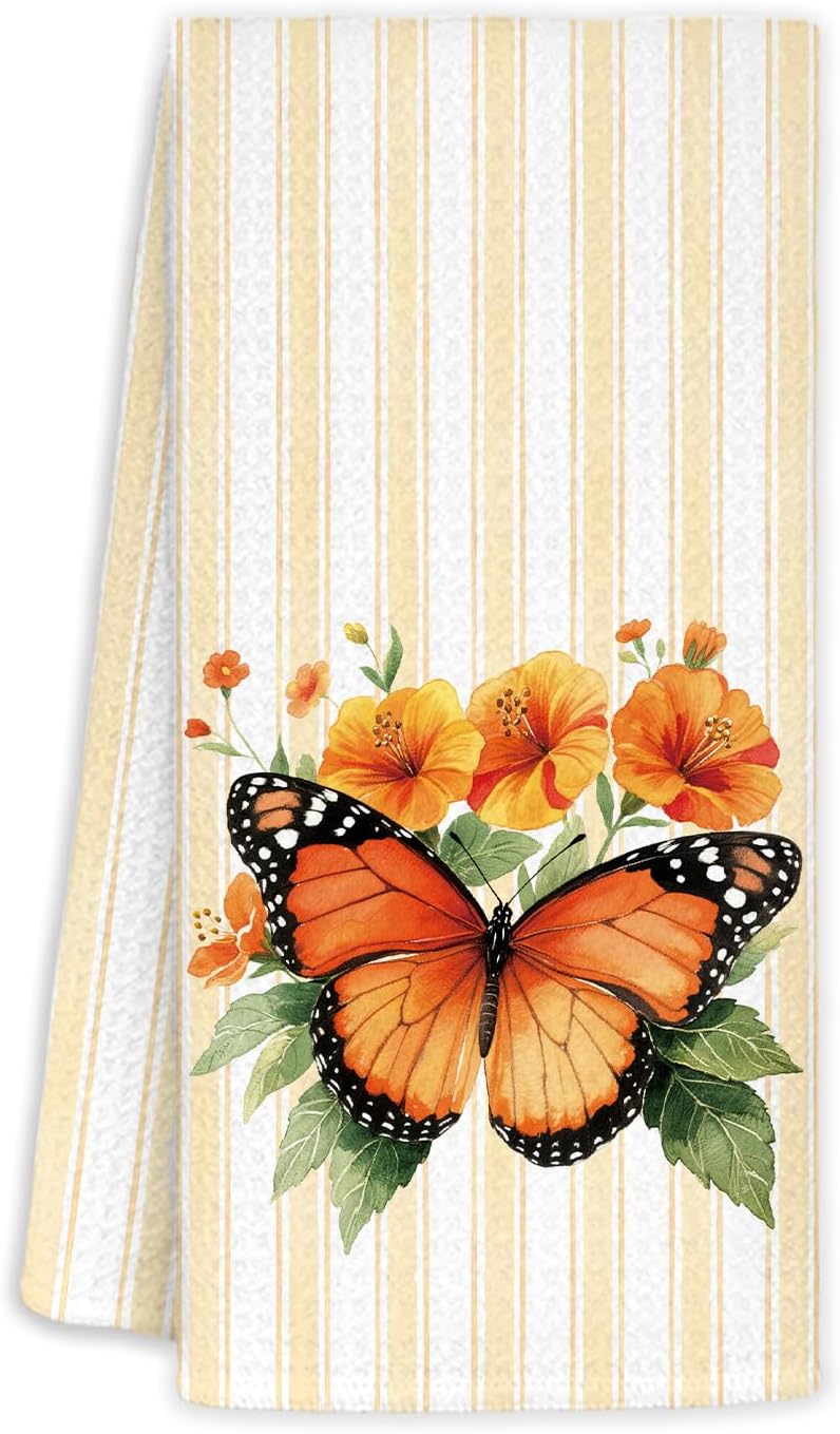 KEUSPI Rustic Floral Monarch Butterfly Kitchen Towels, Butterfly Gifts for Women, Yellow Striped Insect Flower Decorative Hand Dish Tea Towels for Kitchen Bathroom, 16x24 Inch