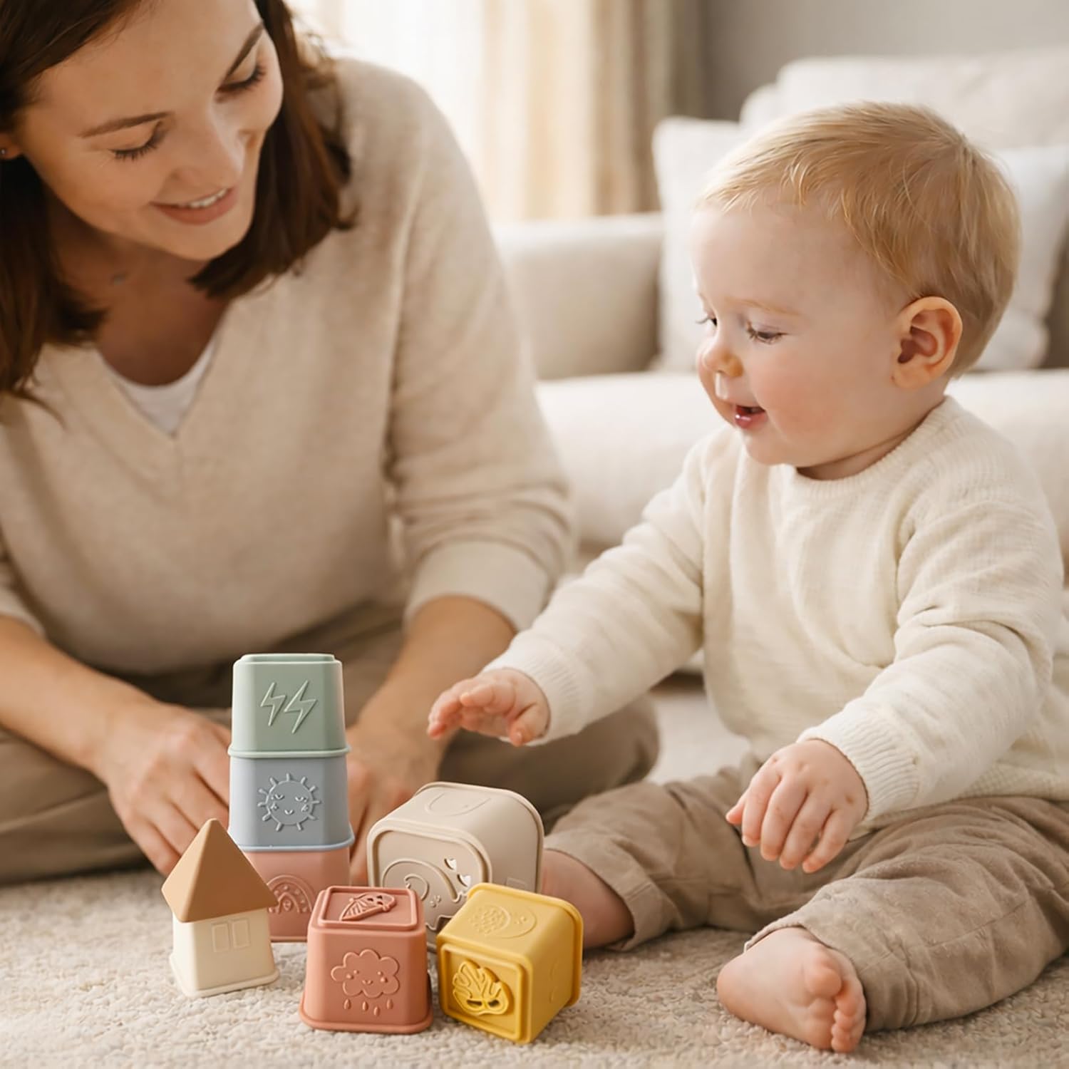 Baby Stacking Cups Toy, Silicone Stacking Tower Educational Baby Toys 6M+, Soft Teething Building Blocks 8 Pcs, BPA Free Sensory Infant Toy, Bath & Beach Toys, Vintage Neutral Colors-Vintage