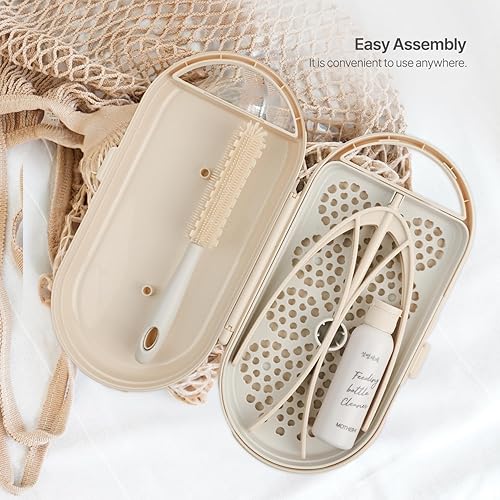 Miniatura 5 de MOTHER-K Rejilla de secado de biberones de viaje con cepillo para biberones y dispensador de jabón, artículos esenciales para bebés para viajes