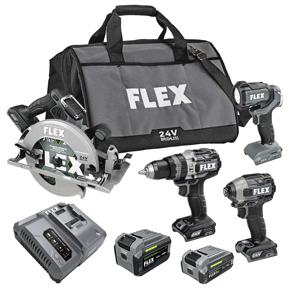 Lightly used FLEX 24V Brushless Cordless 4-Tool Combo Kit: Hammer Drill, Hex Impact Driver, Circular Saw, Work Light with 3.5Ah, 6.0Ah Stacked Lithium Batteries and 280W Rapid Charger - FXM403-2G