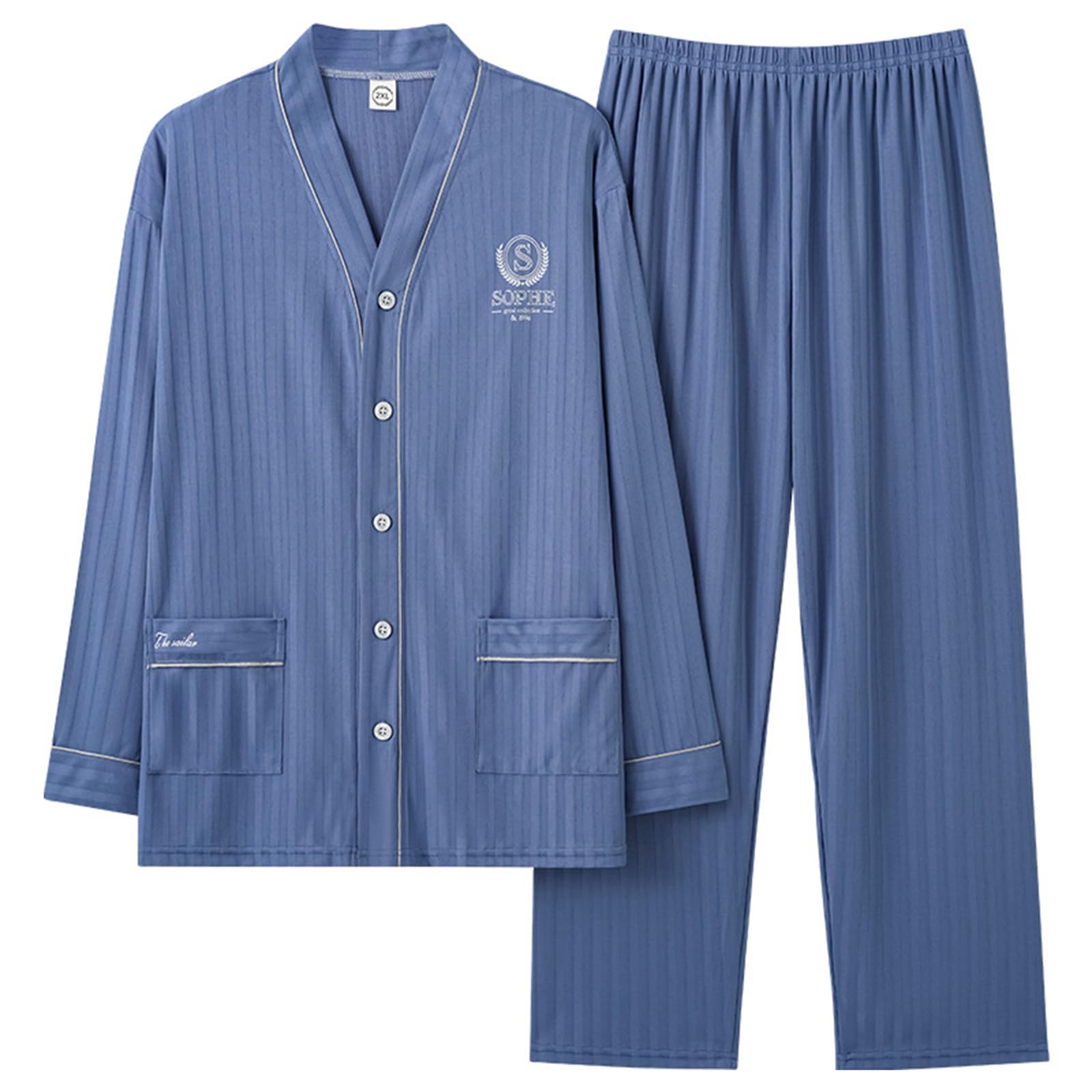 Pigiama da Uomo Set Scollo a V Manica Lunga Button Down Pigiameria Loungewear Misto Cotone Pjs Set L-3XL