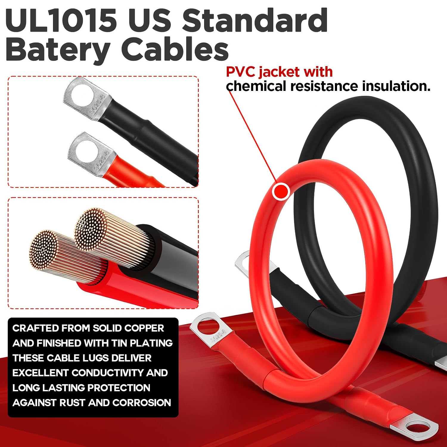 4 AWG Battery Cable with 5/16" Terminals, UL1015 Certified Pure Copper Inverter Cables, 4 Gauge Battery Wire for Marine, RV, Automotive, Solar & Trolling Motor (1FT Red + 1FT Black)