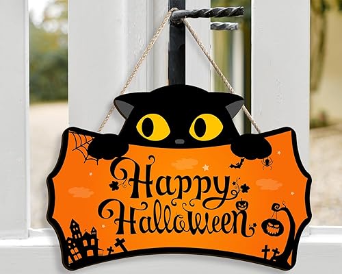 Miniatura 4 de Letrero de feliz Halloween para puerta delantera, lindo gato de Halloween, decoración de puerta delantera, letrero de puerta de Halloween, lindo