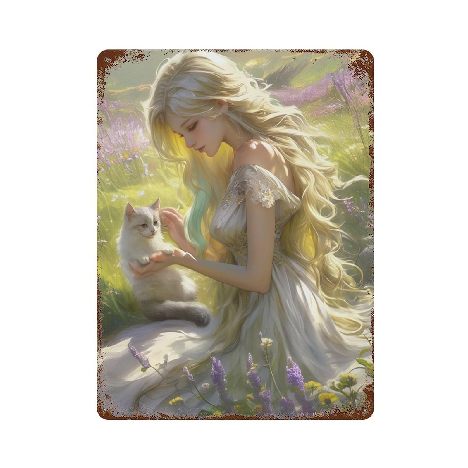 Enchanted Garden with Fairy And Cat -1 15.7"x11.8" Vintage Rust Metal Sign, Novelty Wall Decor for Living Room, Hallway And Home Decor
