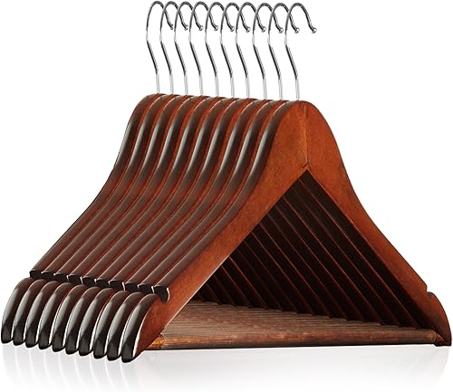 Casafield - 10 perchas de madera de nogal para trajes. Madera de loto de primera calidad con muescas y gancho giratorio cromado para ropa, abrigos,
