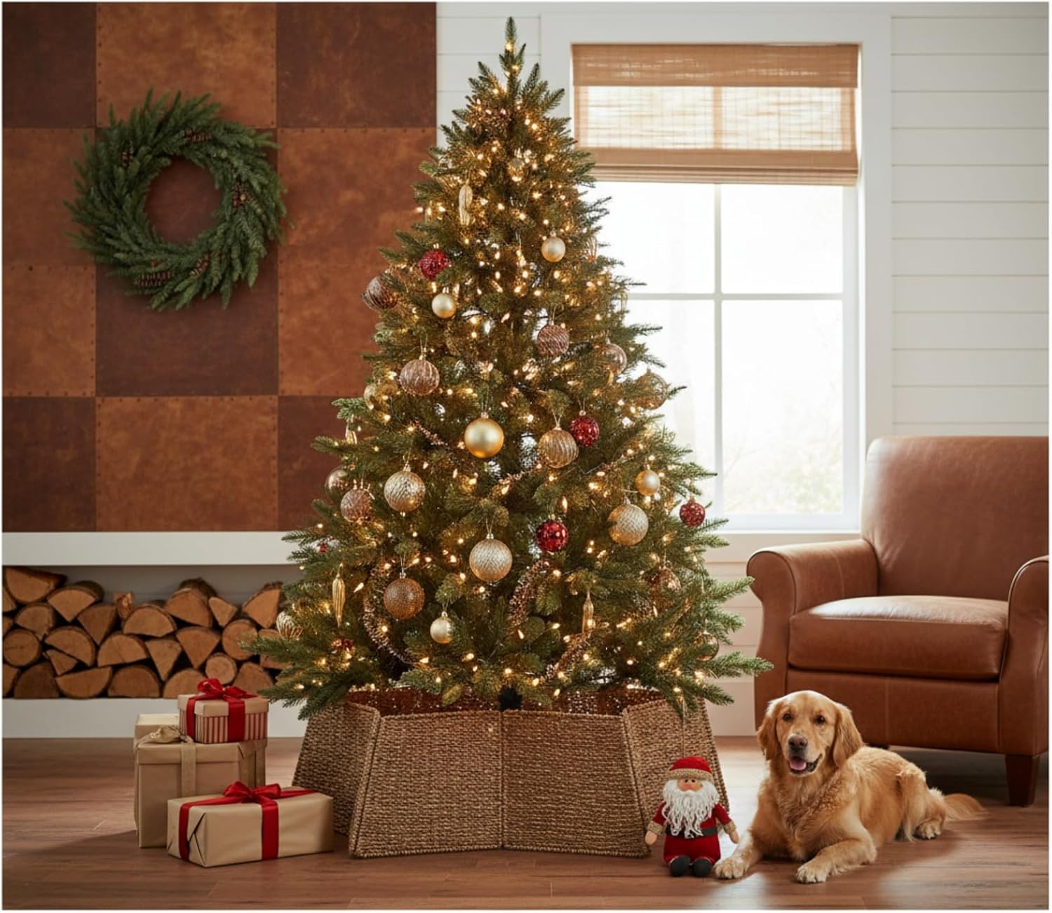 35 Inch Rattan Christmas Tree Collar Star Shape, Large Woven Basket Tree Skirt Base Cover for Holiday Rustic Farmhouse Home Decorations, Natural Seagrass Look Xmas Collar for 6-7.5 ft Trees