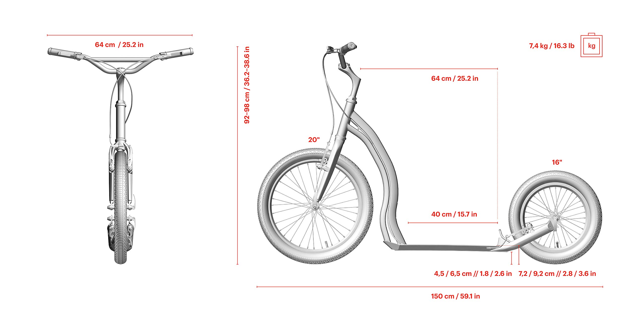 YEDOO Rodstr Tretroller - bis 150 kg, Kickscooter mit Luftreifen 20/16 - Roller Scooter für Erwachsene aus Aluminiumlegierung mit verstellbaren Lenker, Dogscooter, Gewicht 7,4 kg, grün/schwarz