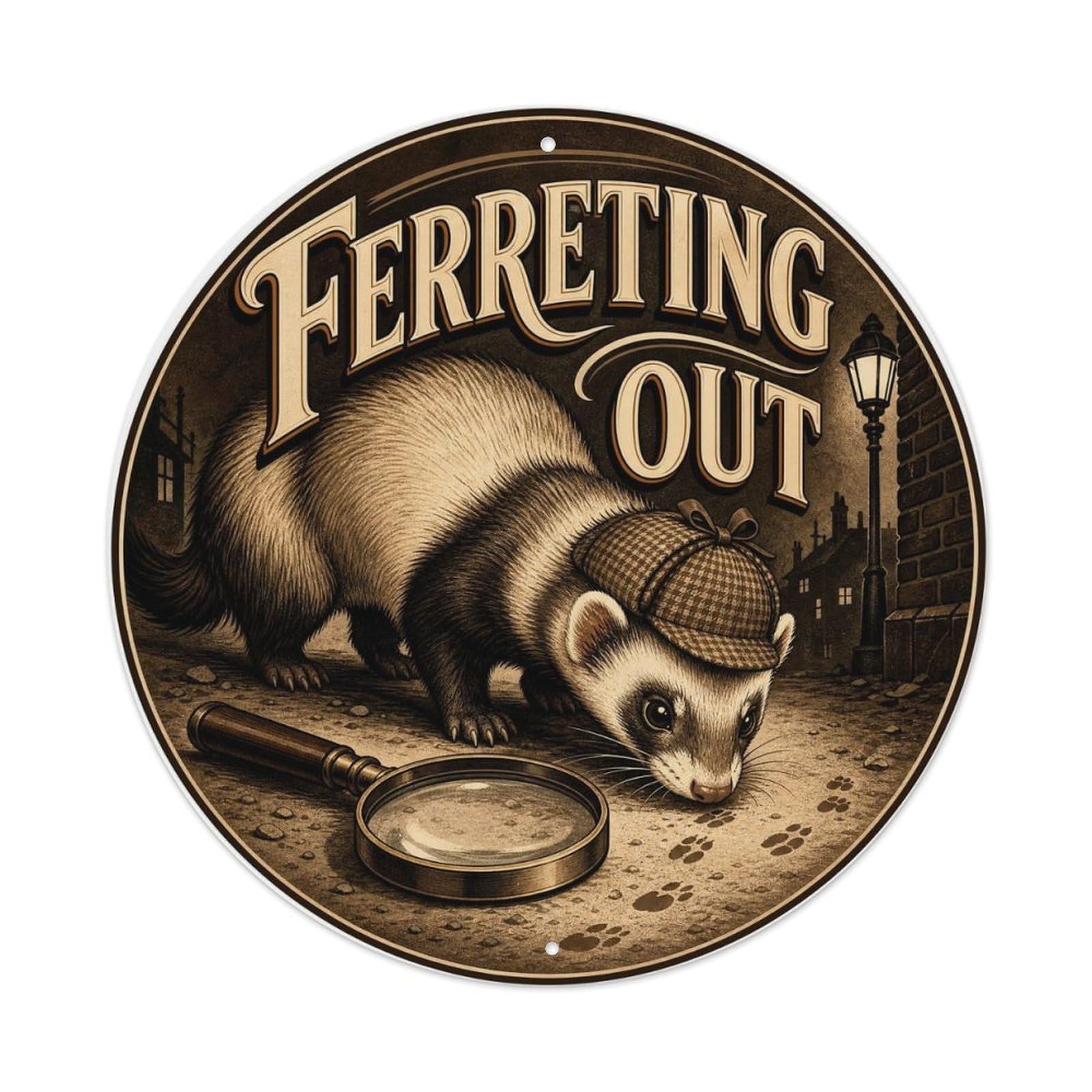 Ferret Curious Humor Cute Pet Pop Style Quirky Vintage Metal Tin Sign Plaque Wall Decor for Cafe, Man Cave, Club Bar, Office, Home Garden Round Metal Poster 8x8Inch