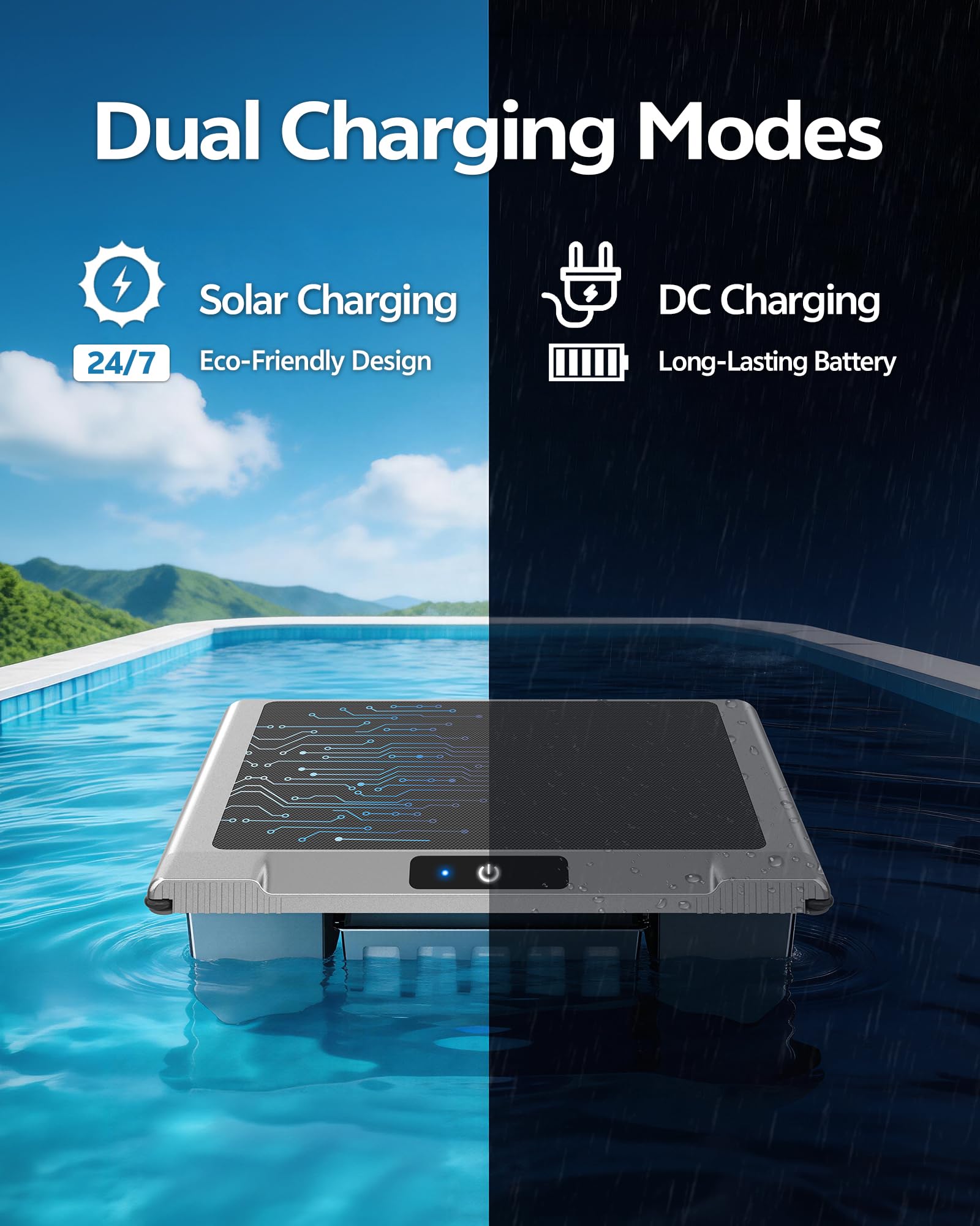 T1B Solar Powered Pool Skimmer Robot, Automatic Robotic Pool Surface Skimmer Cleaner with 24/7 Cleaning, Dual Charging Modes, Auto-Dock, Inground & Above-Ground Pools (Gray) - 2