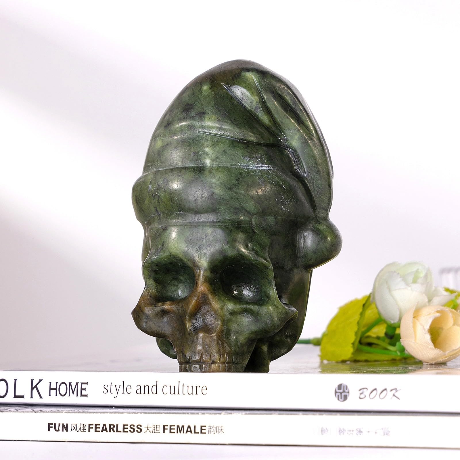 mookaitedecor Hand Carved Natural Green Jade Stone Skull Ornament with Sleep Hat Cute Gothic Home Decor - Image 3