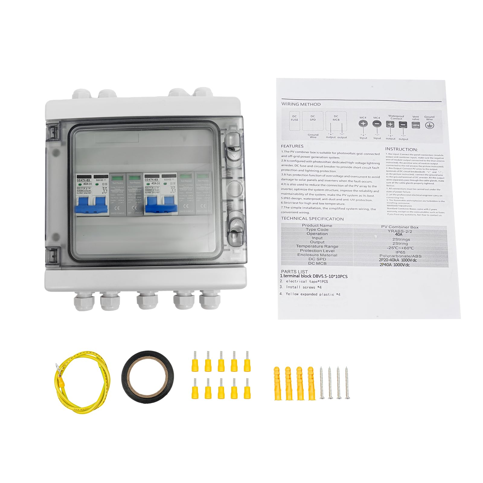 Boîte de jonction solaire DC 2 cordes (2 en 2 sorties), interrupteur de séparation CC 40 A 500 V - Boîtier de jonction solaire PV étanche IP65 pour système solaire PV
