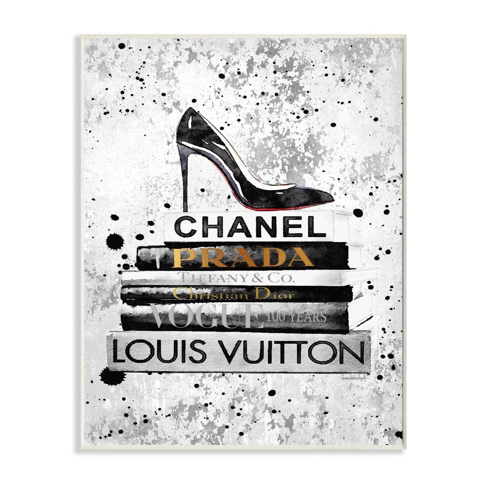 Stupell Industries Fashioner Shoes Bookstack Black Textured Watercolor, Design by Artist Amanda Greenwood Wall Art, 13 x 19, Wood Plaque