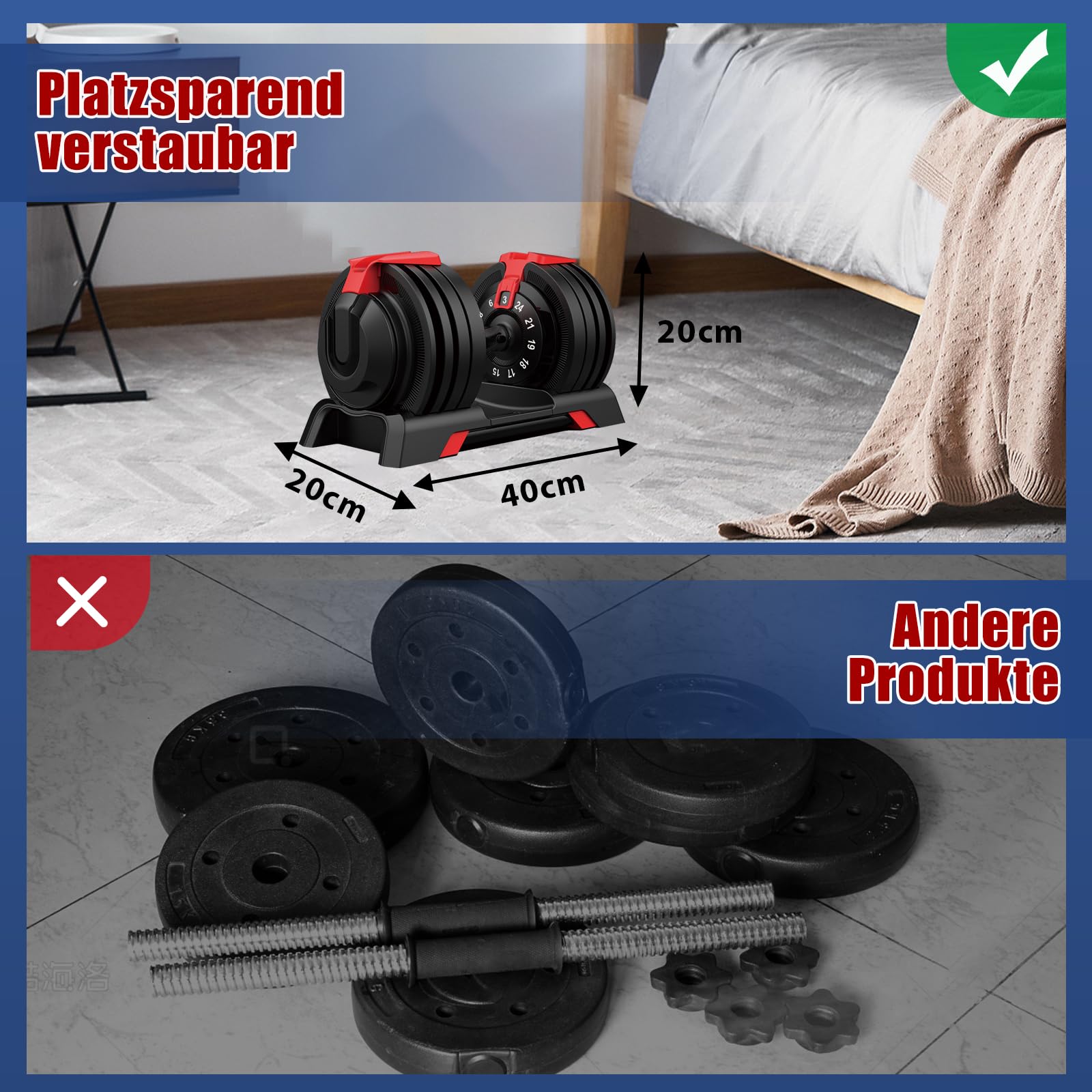 DH FitLife Verstellbare Kurzhantel 18/24 kg, 12 Gewichtsstufen, 12 in 1 Hantel, Einzelhantel oder Hantelset, Adjustable Dumbbell für Krafttraining zuhause