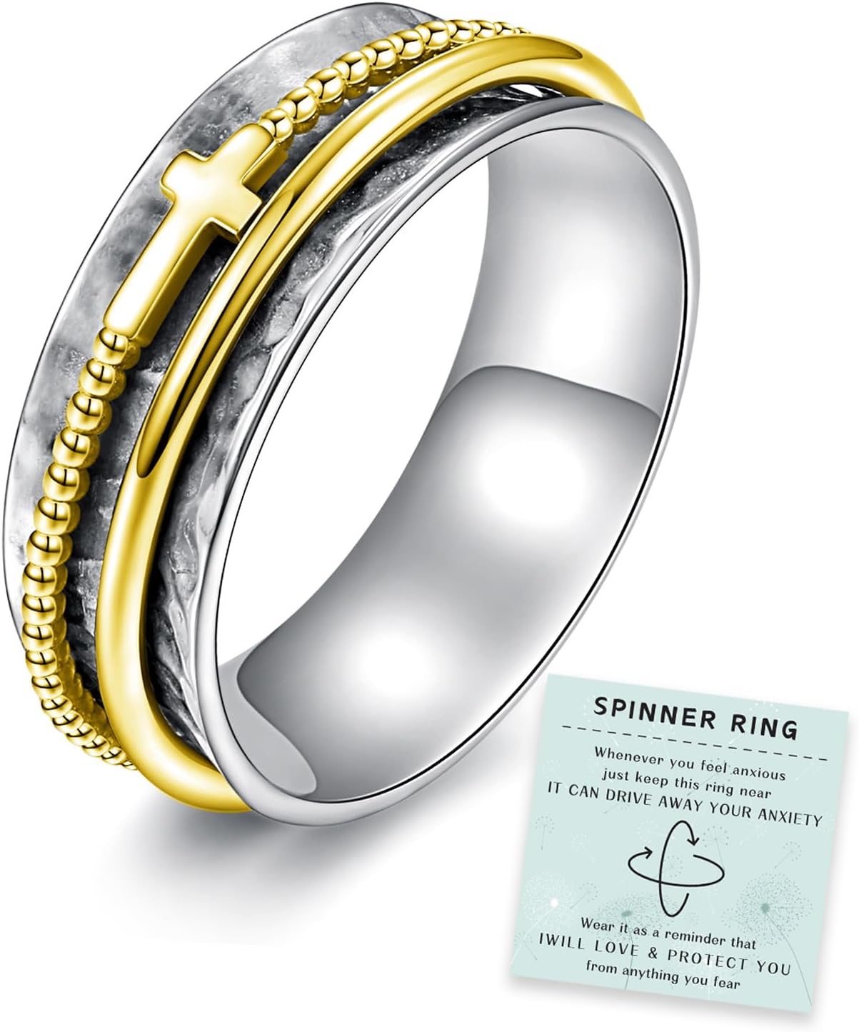 Sariel Cross Fidget Ring for Women - 925 Sterling Silver Spinner Rings Spinning Band Rings Wide Hammered