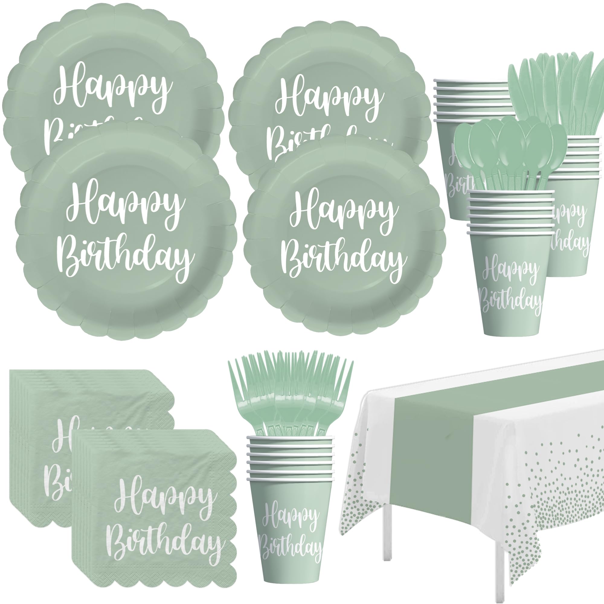 FVABO Sage Green Birthday Decorations, Sage Green Happy Birthday Party Supplies Tableware, Paper Plates and Napkins Set, Cups, Disposable Cutlery, Tablecloth, Serves 24