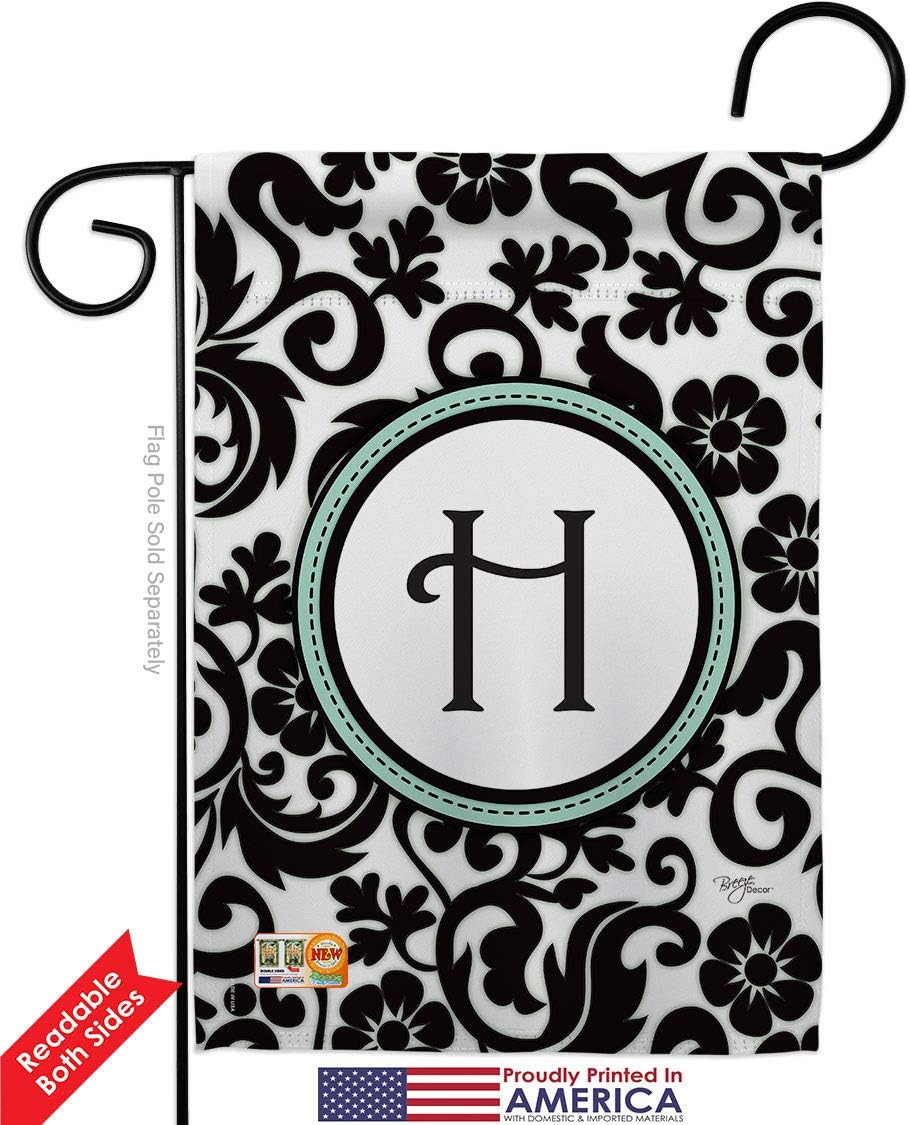 Breeze Decor Damask H Initial Garden House Flag - Kit Monogram Country Living Simply Beauty Floral Vintage Letter Everday Classic - Decoration Banner Small Yard Gift Double-Sided Made in USA 28 X 40