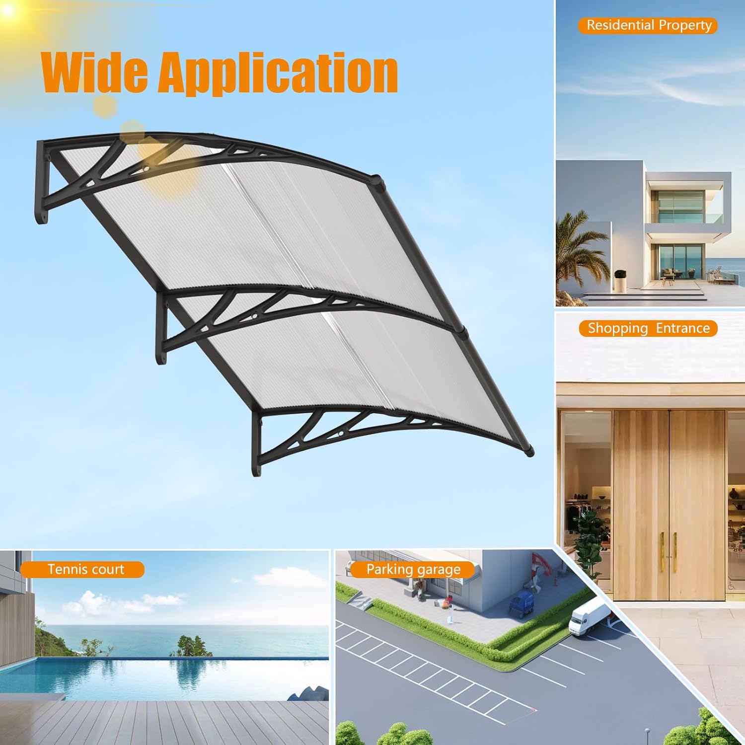 Window Awning Door Canopy 32"x40", Awnings for Doors Polycarbonate Cover Patio Door Awning UV Rain Snow Sunlight Protection Hollow Sheet with Separate Drainage Sink, Black Bracket & Transparent Board
