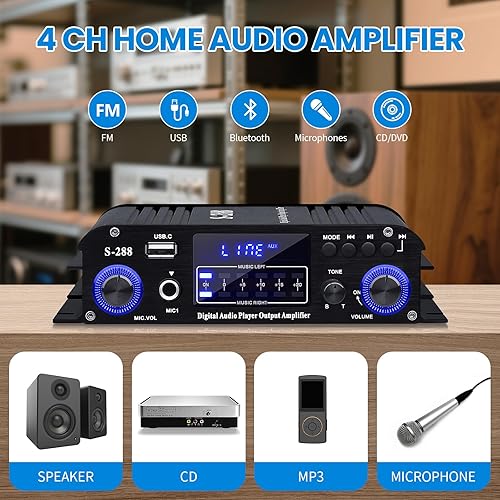 Miniatura 3 de Amplificador de 4 canales, amplificador estéreo Bluetooth HiFi 5.0, 40W x 4, 600W máximo, con AUXUSBFMMIC, receptores de audio doméstico clase d