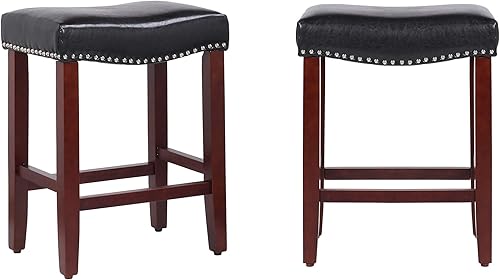 Miniatura 4 de WO Home Furniture - Taburete tapizado de 24 pulgadas en 2 piezas, asiento de silla de montar sin espalda, taburete de bar con patas rojas cereza