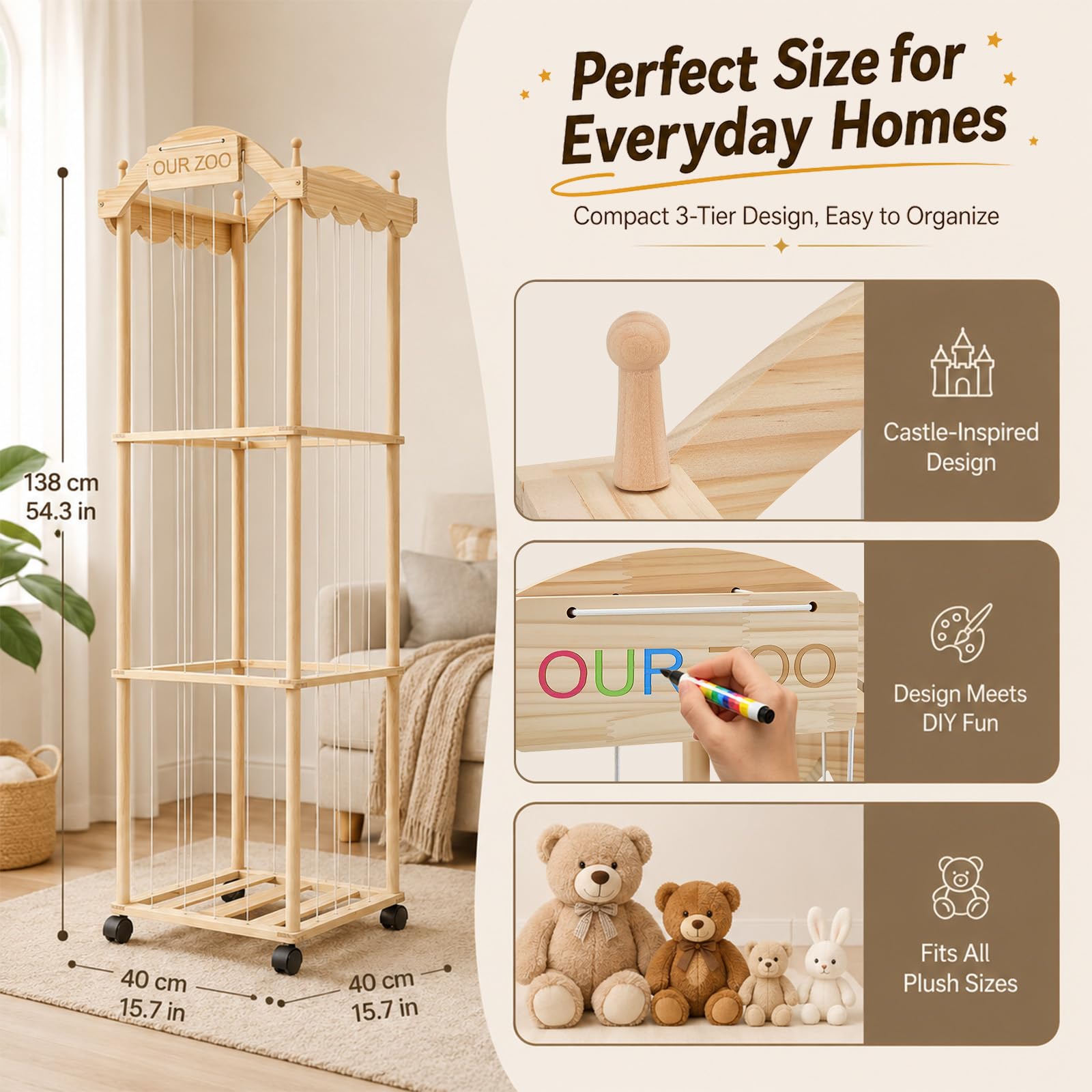 Kuscheltier Aufbewahrung, Kuscheltierregal aus Holz mit mit 360° Bremse Ausgestattete Räde, 140×40×40 cm Plüschtieraufbewahrung mit 3 offenen Ebenen, Stofftierregal für Spielzimmer, Kinderzimmer