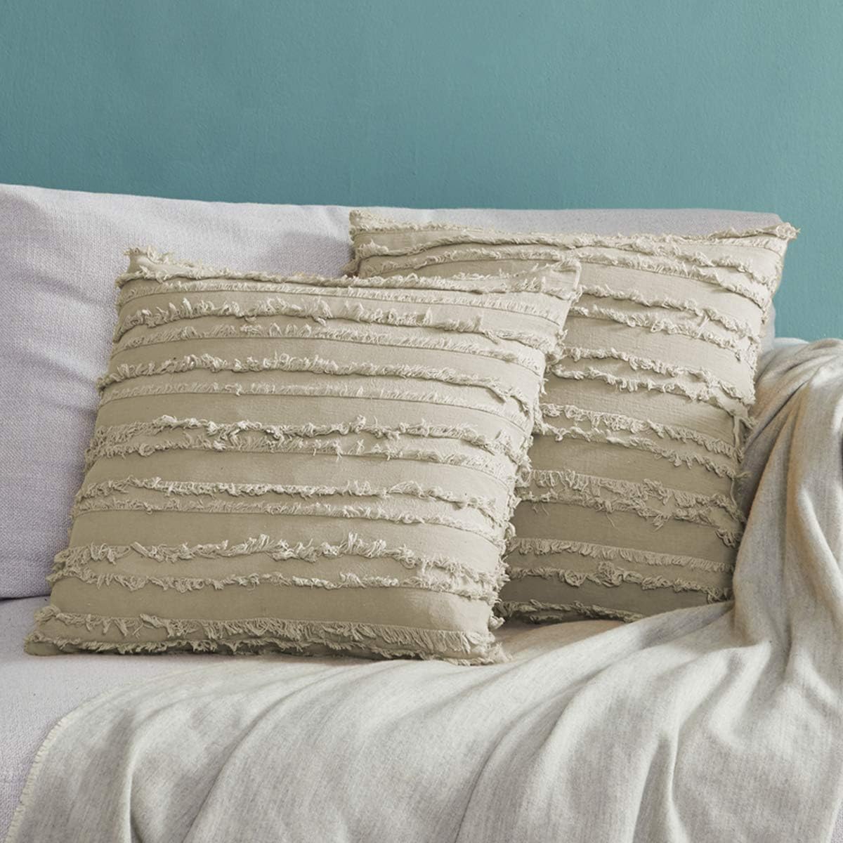 OMMATO Linen Cushion Covers 18x18 Inches Decorative Square Throw Pillow Cases for Sofa Living room Bedroom 45x45cm,Set of 2,Khaki