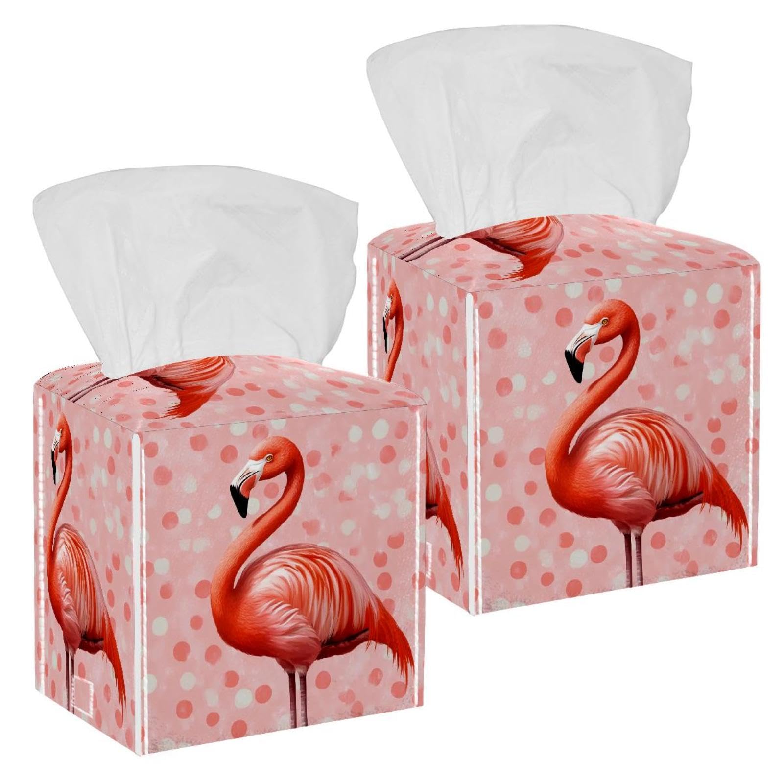 Polka Dot Flamingo Tissue Box Cover, 2 Pack PU Leather Square Facial Tissue Dispenser Box holder for Home Office Car