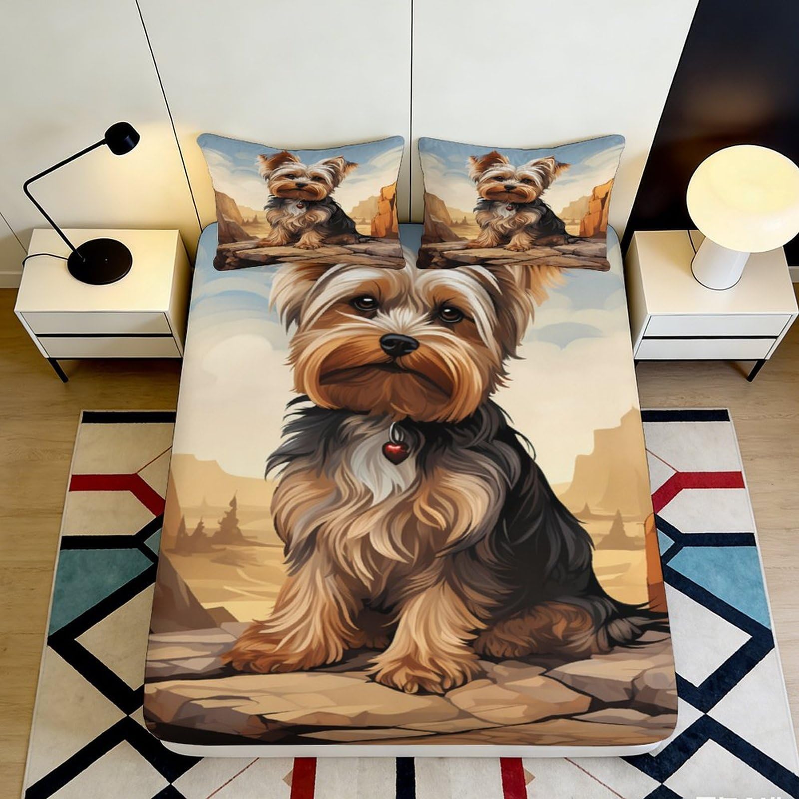 3D Printed Yorkshire Terrier Fitted Sheet Microfiber Soft Cute Dog Bed Cover for Bedroom Guest Room Decor 90x200x25cm