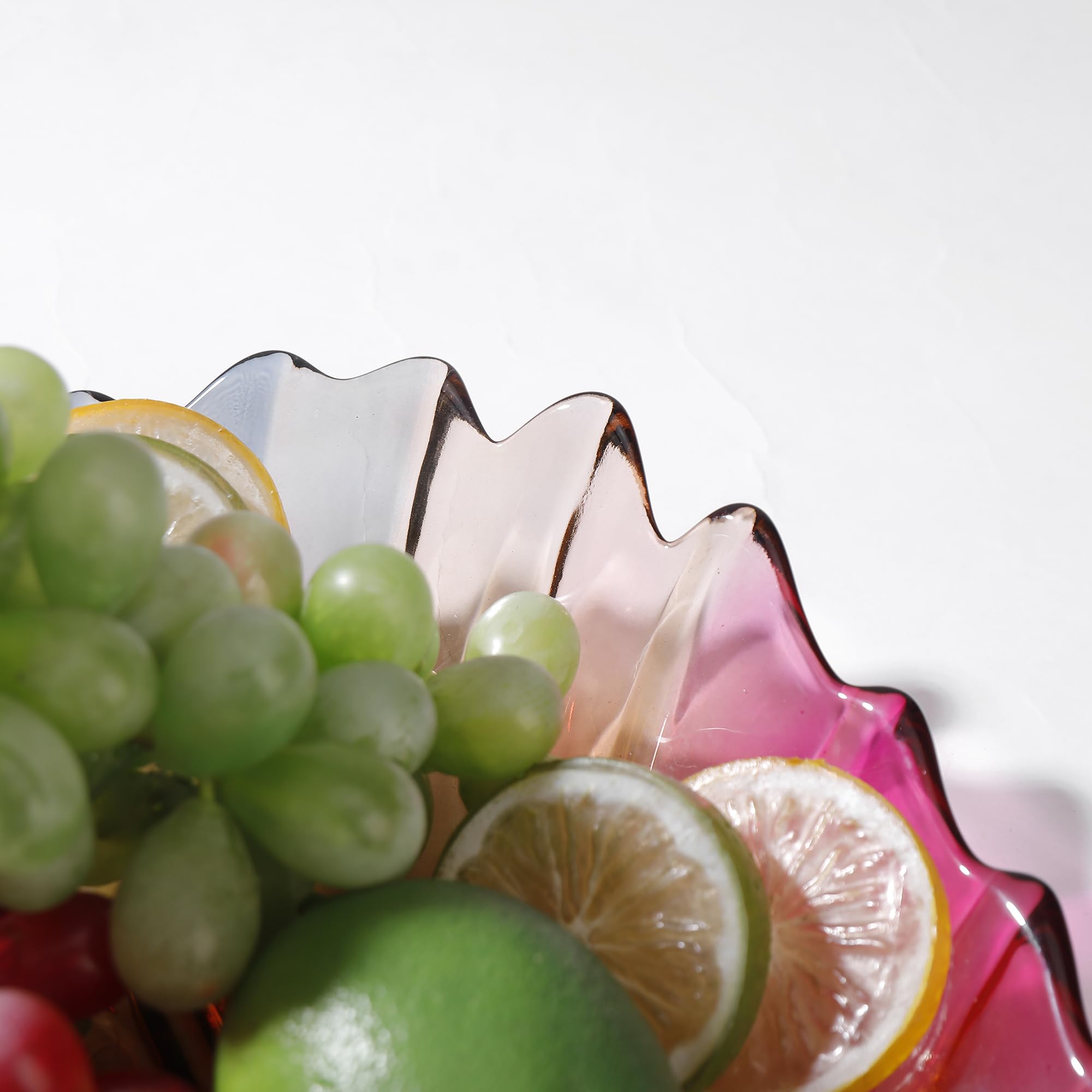 Kreative, bunte handbemalte Kristallglas-Blattform, dekorative Schale, 31 cm Durchmesser, Obst-Display und Küchentisch.