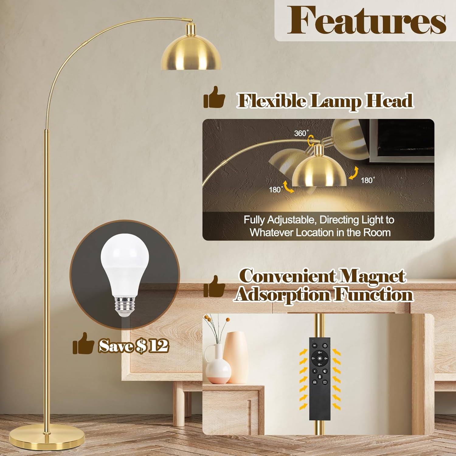 VenzBlomia 【Upgraded】 Arc Floor Lamps for Living Room - Stepless Dimmable Gold Tall Lamp with Remote Control & Color Temperature 9W LED Bulb, Over Couch Arched Reading Standing Lamp for Bedroom Brass