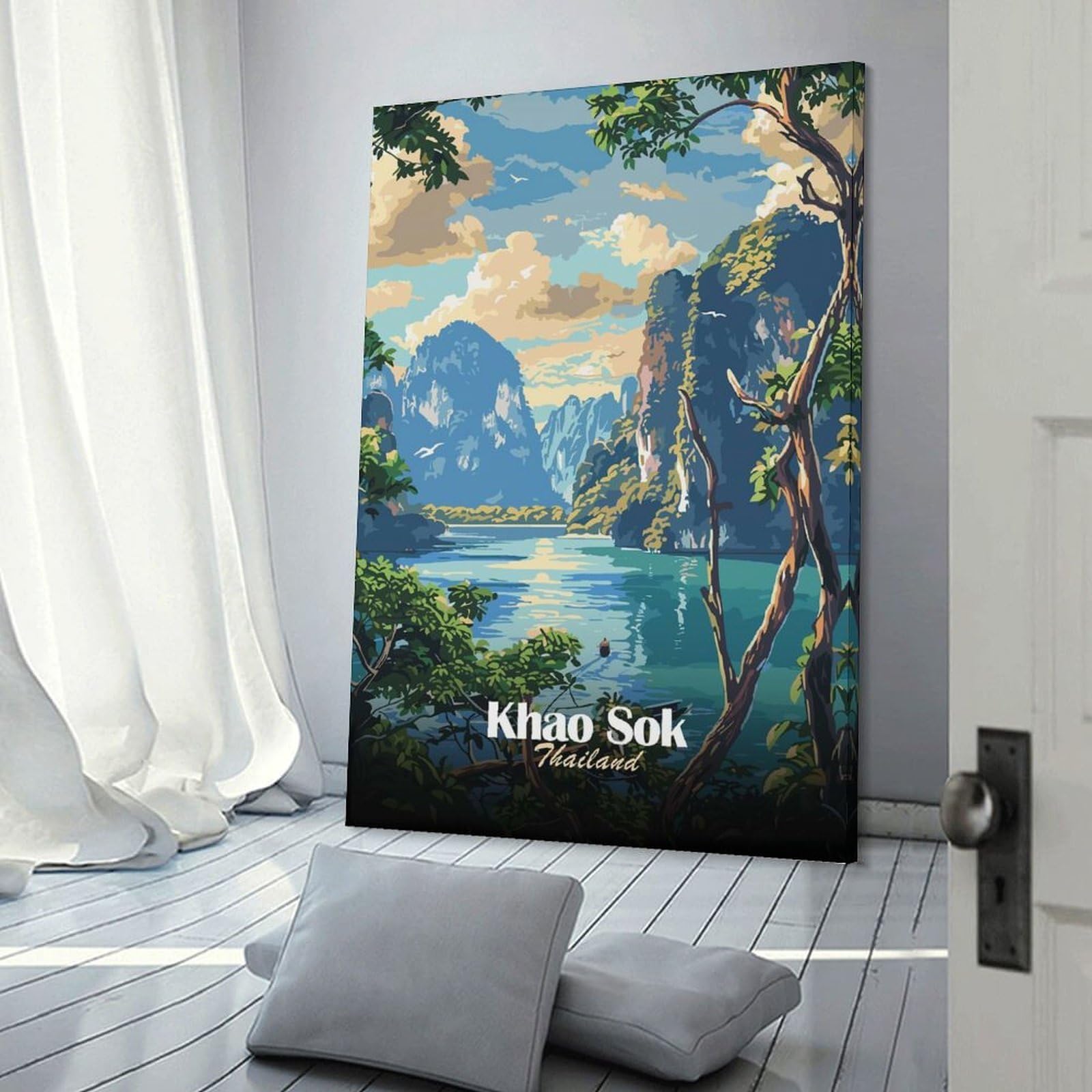 Junmoney Home Decor Wall Art Khao Sok Thailand Landscape Painting, 24x36inch(60x90cm), for Flats, Guest Rooms Or Compact Rooms, Wall Decor with Flexible Room Appeal