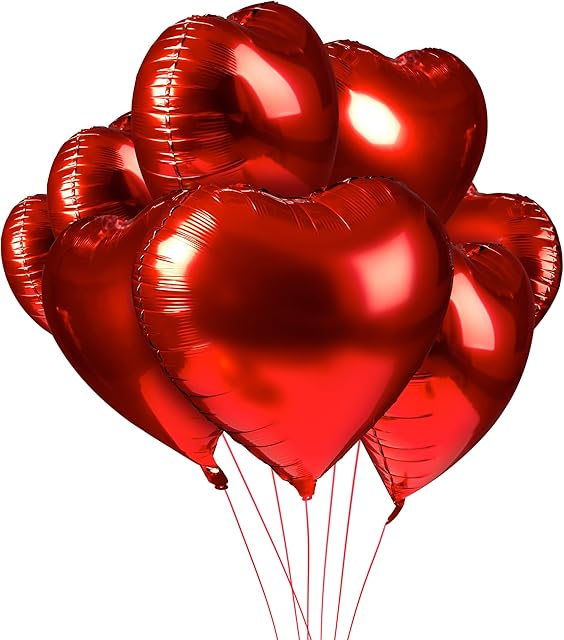 30 Pcs Red Heart Foil Balloons for Red Valentines Decorations - 45cm Red Love Heart Balloons with 4 Red Ribbon Rolls and 2 Inflation Tubes